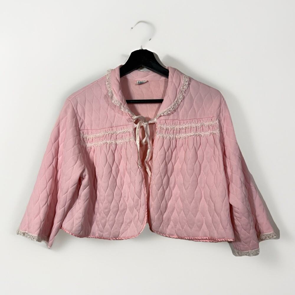 Vintage Quilted Bed Jacket 50s 60s M Pink Lace Ribbon Tie MCM Lingerie Penneys
